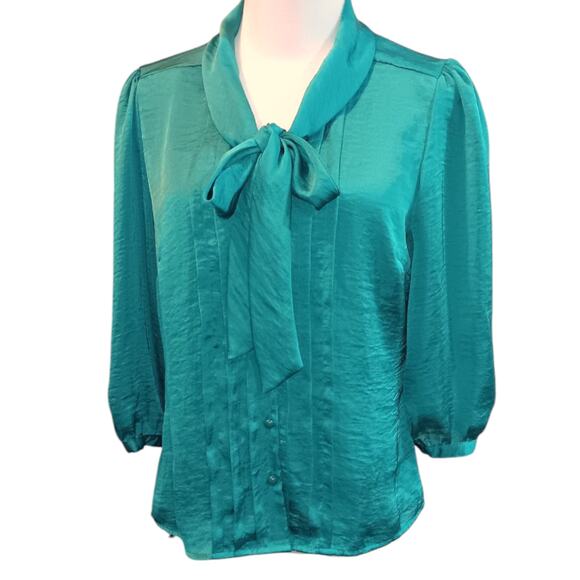 Vintage Tops - VINTAGE Blouse Top PetiteM Satin Turquoise Green Neck Bow Pleat/Tucks 3/4 Sleeve